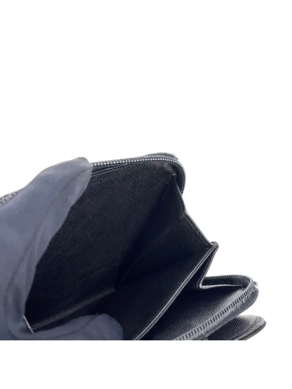 Prada Zip Around Leather Nylon Black Wallet Silver